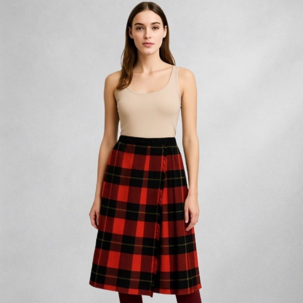 Lord & Taylor Plaid Skirt S Sloat Tailored Wool Red Black Tartan Kilt 1556
